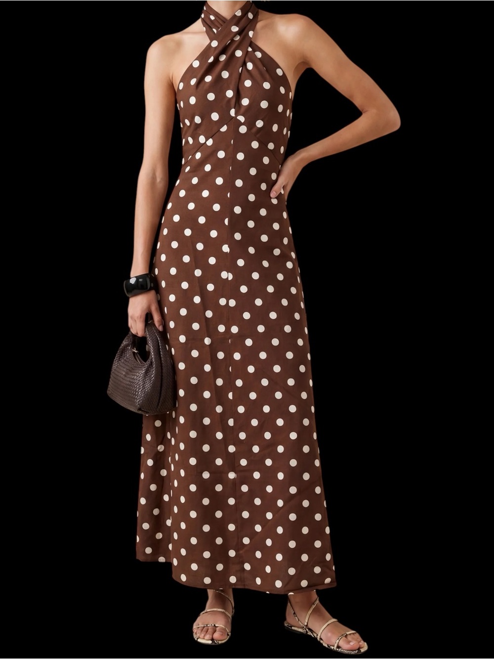 Few Moda o.p.t. Noelle Dress Polka Dot Halter Maxi Chocolate Brown NWT